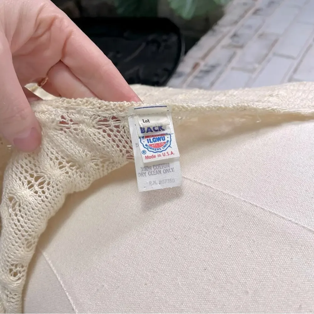 Vintage 70s Crochet Top Cream & Tan Metallic Rope Belt Pull On Midi Dress 6 - Picture 10 of 12